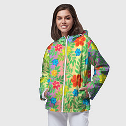 Ветровка с капюшоном женская Яркий цветочный узор на радужном фоне, цвет: 3D-белый — фото 2
