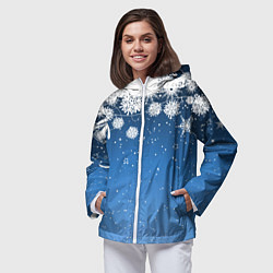 Ветровка с капюшоном женская Снежный узор на синем фоне, цвет: 3D-белый — фото 2