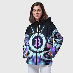 Ветровка с капюшоном женская Неоновый светящийся биткоин, цвет: 3D-черный — фото 2