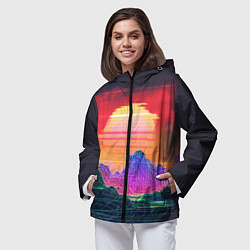 Ветровка с капюшоном женская Синтвейв неоновые горы на закате, цвет: 3D-черный — фото 2