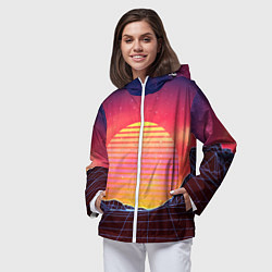 Ветровка с капюшоном женская Абстрактные 3D неоновые горы на закате, цвет: 3D-белый — фото 2