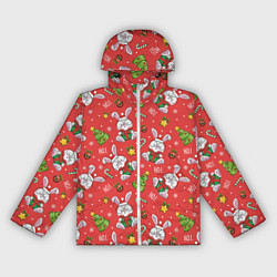 Ветровка с капюшоном женская Новогодний фон с кроликами, цвет: 3D-белый