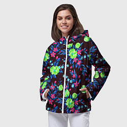 Ветровка с капюшоном женская Неоновые цветы - паттерн, цвет: 3D-белый — фото 2