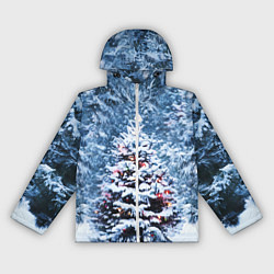 Ветровка с капюшоном женская Новогодняя ёлка в лесу, цвет: 3D-белый