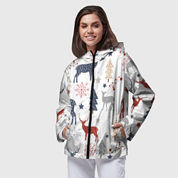 Ветровка с капюшоном женская Олени в новогоднем лесу, цвет: 3D-черный — фото 2