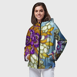 Ветровка с капюшоном женская Фиалковый букет стеклянный узор, цвет: 3D-черный — фото 2