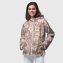 Ветровка с капюшоном женская Дракон - унесенные призраками: тату на бежевом, цвет: 3D-белый — фото 2