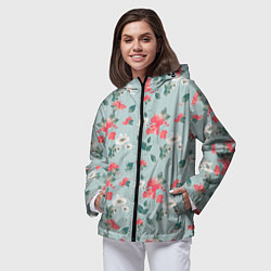 Ветровка с капюшоном женская Паттерн с красными и белыми цветами, цвет: 3D-черный — фото 2