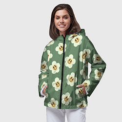 Ветровка с капюшоном женская Цветочки-смайлики: темно-зеленый паттерн, цвет: 3D-черный — фото 2