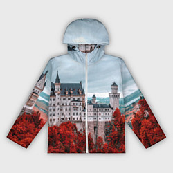 Ветровка с капюшоном женская Замок в горах и красный лес, цвет: 3D-белый