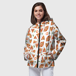 Ветровка с капюшоном женская Кусочки пиццы - паттерн на белом, цвет: 3D-черный — фото 2