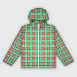 Ветровка с капюшоном женская Клетчатый зелено -оранжевый паттерн, цвет: 3D-белый