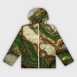 Ветровка с капюшоном женская Текстура зелёного мрамора с золотыми прожилками, цвет: 3D-белый