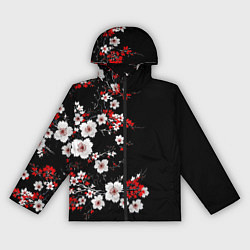 Ветровка с капюшоном женская Белая и красная сакура - цветение, цвет: 3D-черный