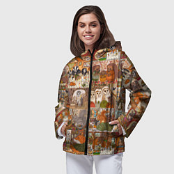 Ветровка с капюшоном женская Коллаж из сказочных зверей - совы, белки, ёжики, цвет: 3D-черный — фото 2