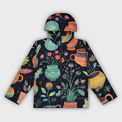 Ветровка с капюшоном женская Паттерн из цветочных горшков, цвет: 3D-черный