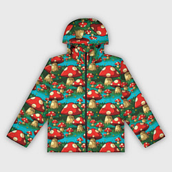 Ветровка с капюшоном женская Мультяшный мухомор паттерн, цвет: 3D-черный