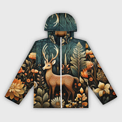 Ветровка с капюшоном женская Лесной олень в стиле фолк-арт, цвет: 3D-белый