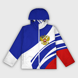 Ветровка с капюшоном женская Герб России на абстрактных полосах, цвет: 3D-белый