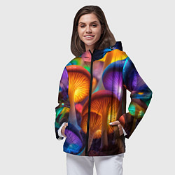 Ветровка с капюшоном женская Неоновые светящиеся грибы, цвет: 3D-черный — фото 2