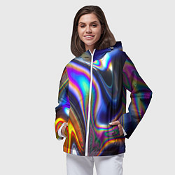 Ветровка с капюшоном женская Жидкая голографическая бензиновая абстракция, цвет: 3D-белый — фото 2