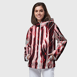 Ветровка с капюшоном женская Красные неоновые полосы на чёрном фоне, цвет: 3D-белый — фото 2
