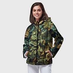 Ветровка с капюшоном женская Реалистичный камуфляж из листьев, цвет: 3D-черный — фото 2