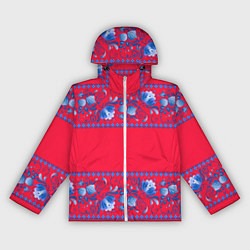 Ветровка с капюшоном женская Голубая гжель на красном фоне, цвет: 3D-белый