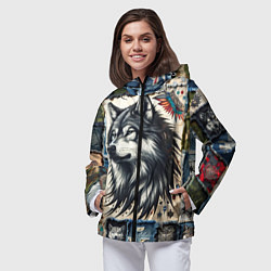 Ветровка с капюшоном женская Волк на дениме Пэчворк, цвет: 3D-черный — фото 2