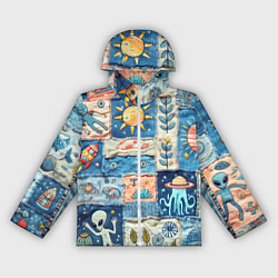 Ветровка с капюшоном женская Инопланетные обитатели на пэчворке, цвет: 3D-белый