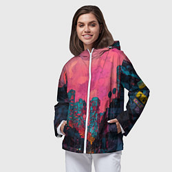 Ветровка с капюшоном женская Абстрактный город в неоновых цветах, цвет: 3D-белый — фото 2