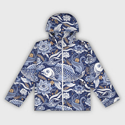 Ветровка с капюшоном женская Рыба карп - синий корейский узор, цвет: 3D-белый