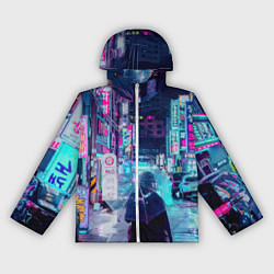 Ветровка с капюшоном женская Дождливый неоновый вечер в Японии, цвет: 3D-белый
