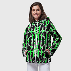 Ветровка с капюшоном женская Техно зелёные линии с белой обводкой на чёрном фон, цвет: 3D-белый — фото 2