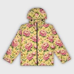 Ветровка с капюшоном женская Крупные пионы садовые цветы бутоны паттерн, цвет: 3D-черный