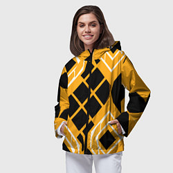 Ветровка с капюшоном женская Чёрные квадраты и белые полосы на оранжевом фоне, цвет: 3D-черный — фото 2
