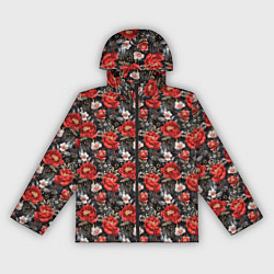 Ветровка с капюшоном женская Красные цветы пиона паттерн, цвет: 3D-черный