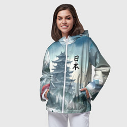 Ветровка с капюшоном женская Японская пагода в тумане - нейросеть, цвет: 3D-белый — фото 2