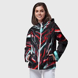Ветровка с капюшоном женская Красно-белые абстрактные линии на чёрном фоне, цвет: 3D-белый — фото 2
