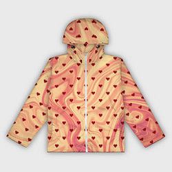 Ветровка с капюшоном женская Жёлто-красный абстракция с маленькими сердечками, цвет: 3D-белый