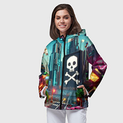 Ветровка с капюшоном женская Minecraft district with skull - ai art fantasy, цвет: 3D-черный — фото 2