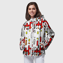 Ветровка с капюшоном женская Красно-жёлтые линии и точки на белом фоне, цвет: 3D-белый — фото 2