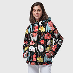 Ветровка с капюшоном женская Цветные слонята паттерн, цвет: 3D-черный — фото 2