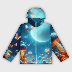 Ветровка с капюшоном женская Сказочные грибы и бабочки под луной - фантазия, цвет: 3D-белый