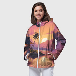 Ветровка с капюшоном женская Домик на берегу закат, цвет: 3D-белый — фото 2