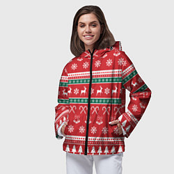 Ветровка с капюшоном женская Новогодний паттерн с оленями снежинками леденцами, цвет: 3D-черный — фото 2