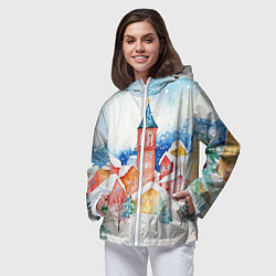 Ветровка с капюшоном женская Новогодний сказочный город, цвет: 3D-белый — фото 2