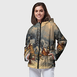 Ветровка с капюшоном женская Новогодние зимние домики, цвет: 3D-черный — фото 2