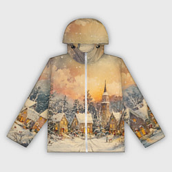 Ветровка с капюшоном женская Новогодний небольшой городок, цвет: 3D-белый