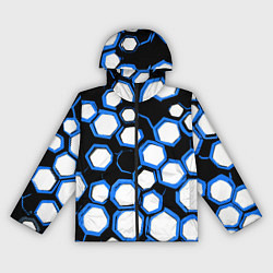 Ветровка с капюшоном женская Бело-синие шестиугольники на чёрном фоне, цвет: 3D-черный